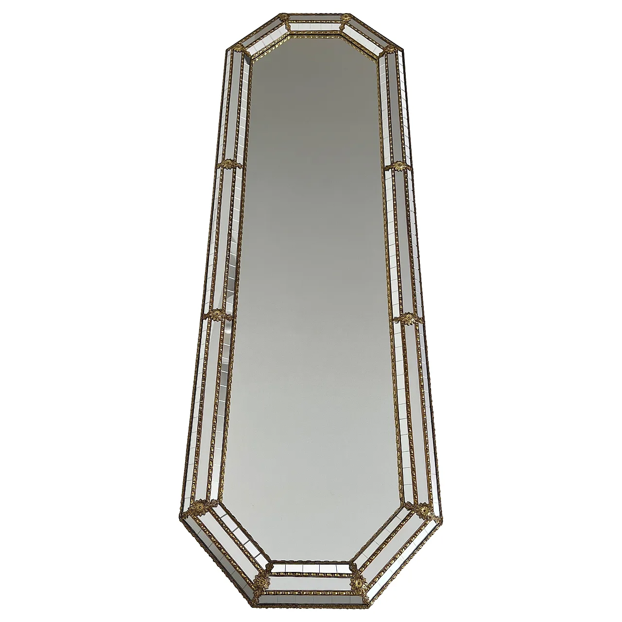 Octogonal multi-facets mirror with brass garlands, 1970s 1