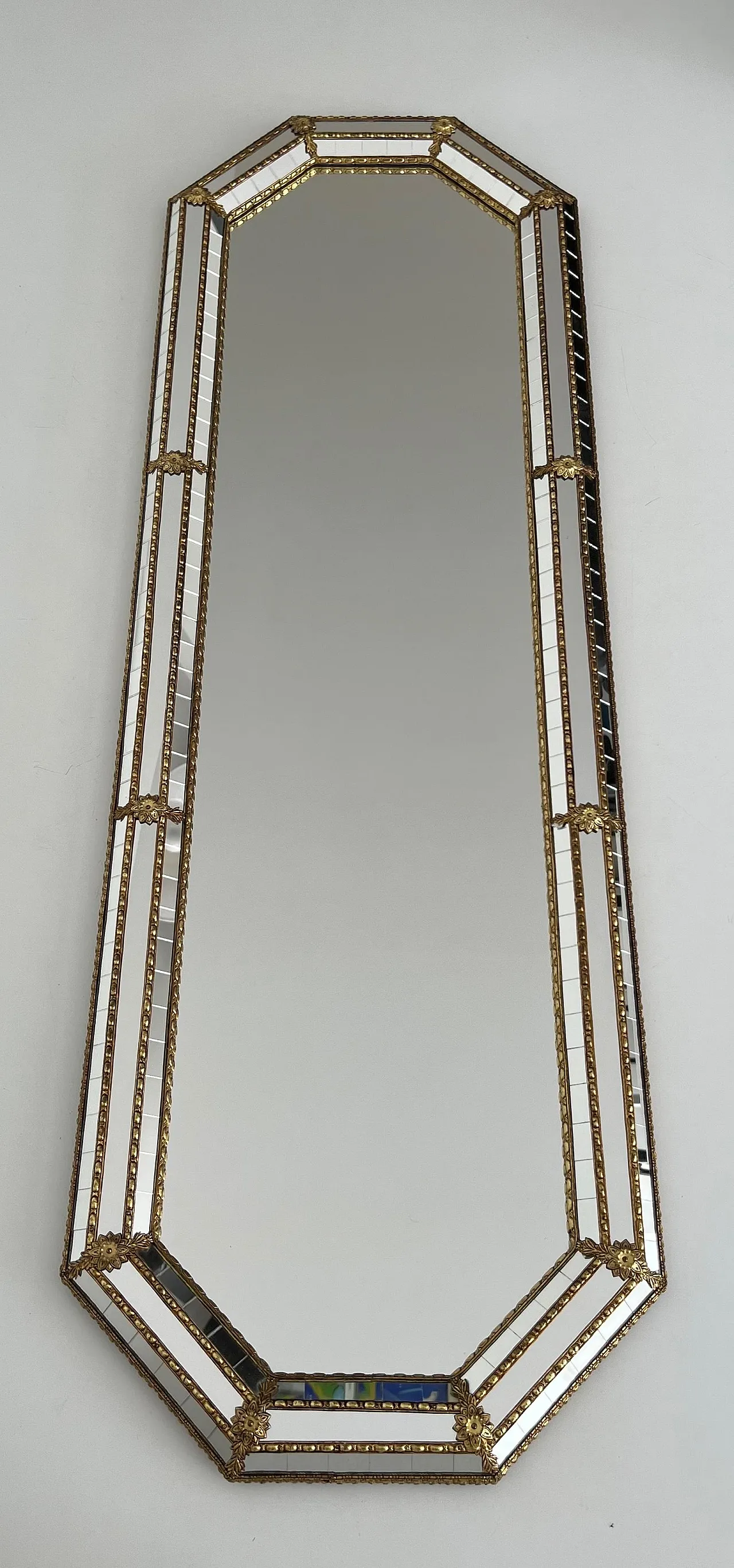 Octogonal multi-facets mirror with brass garlands, 1970s 2