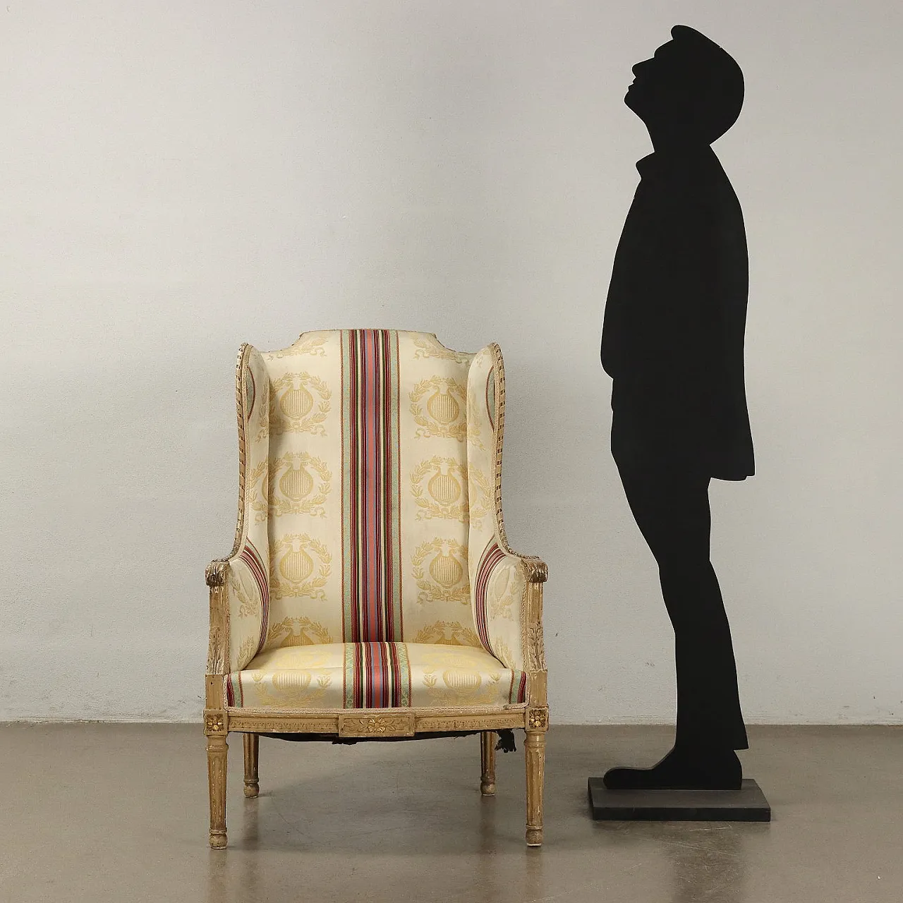 Poltrona Bergère in stile Neoclassico in tessuto a righe e legno 2
