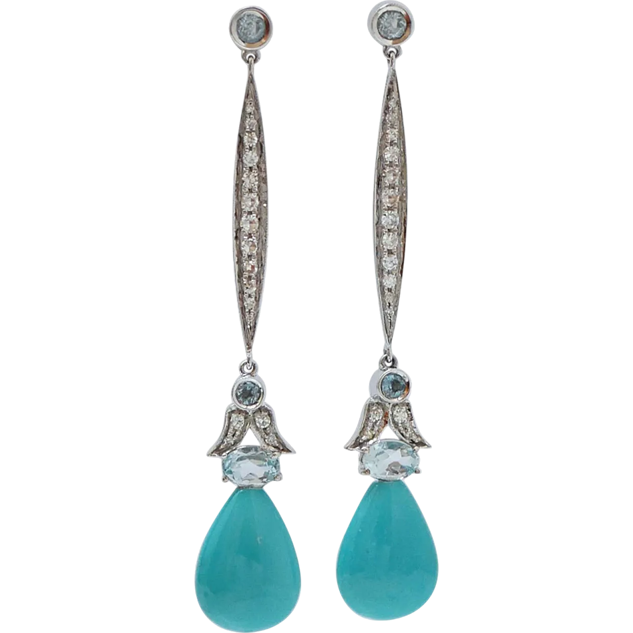 Aquamarine colour topaz, turquoise, diamonds, gold earrings, 1970s 7