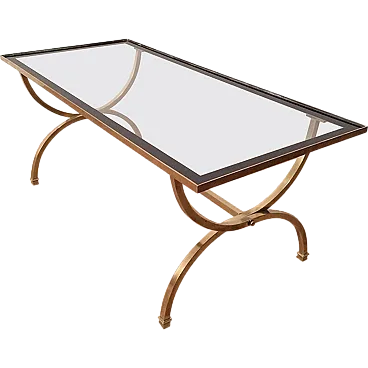 Tavolino in ottone con piano in vetro e bordi laccati neri, anni '40