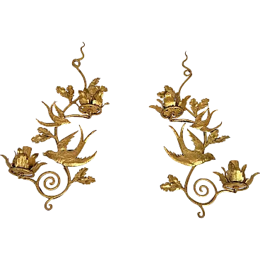 Coppia di applique a forma di uccelli in metallo dorato, anni '70