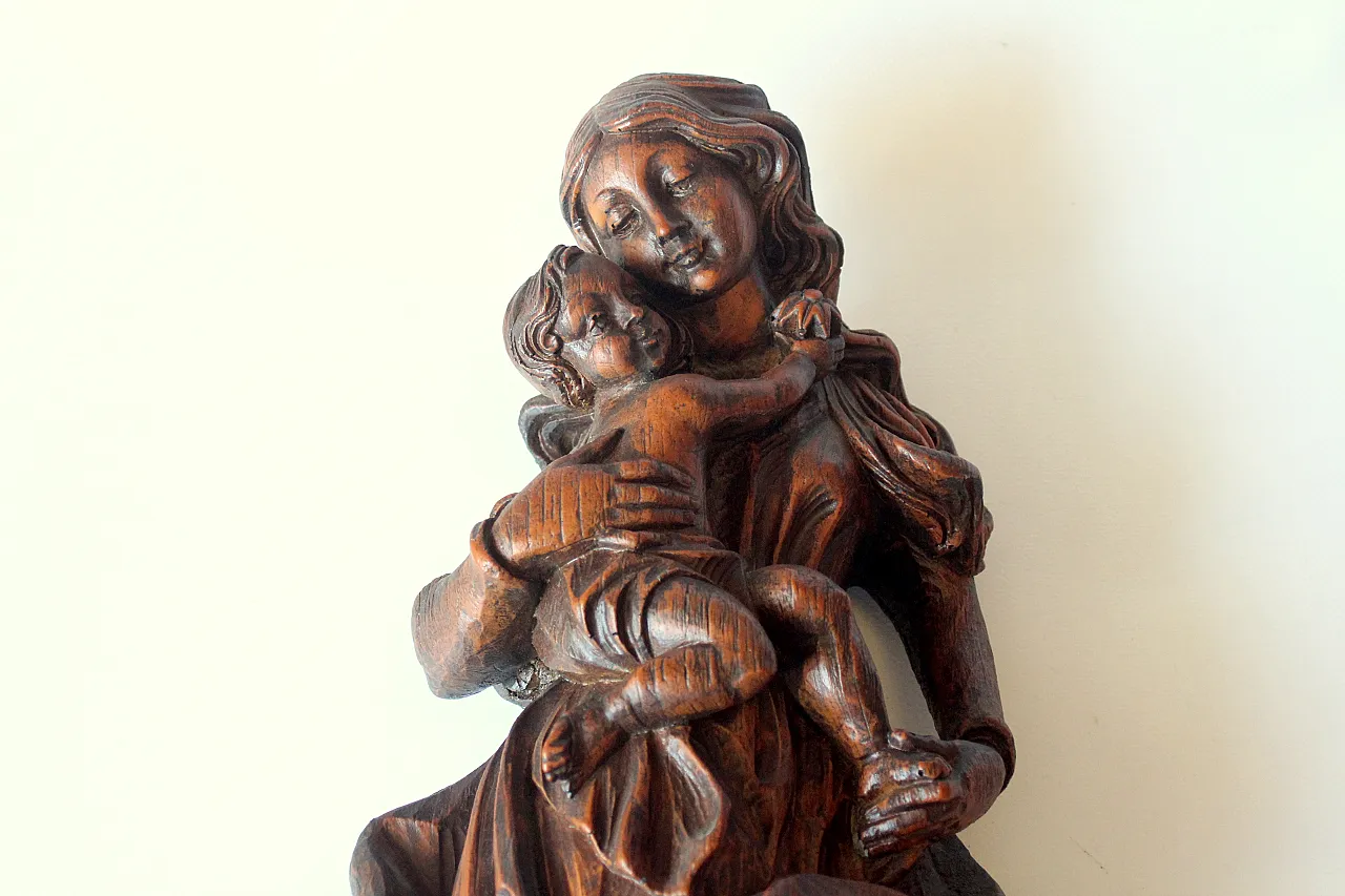 Hand carved Mother of God with child, wooden sculpture, 1950s 3