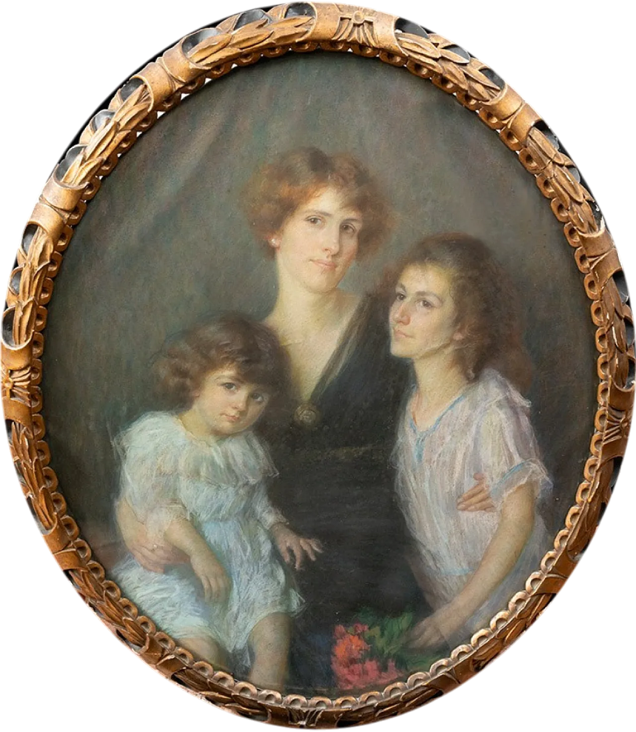 Oval Family portrait, pastel on paper in carved wood frame, 20th c. 5