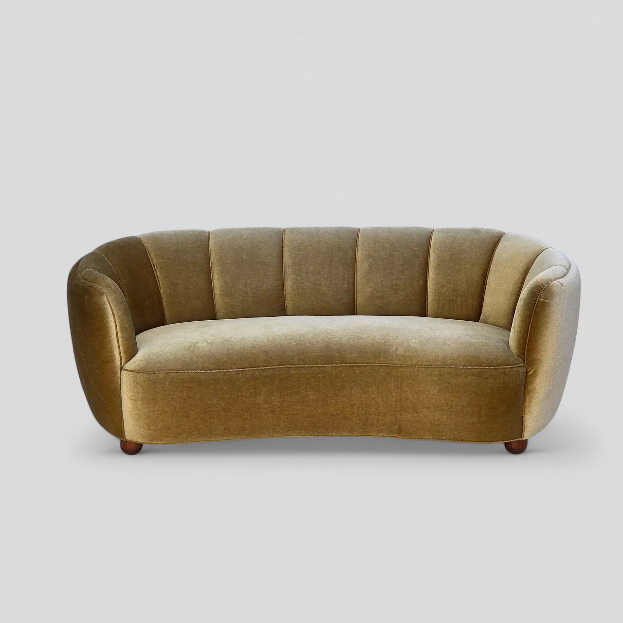 Danish 3-seater "Banan" sofa, light green furniture velour, oak, 1960s 1