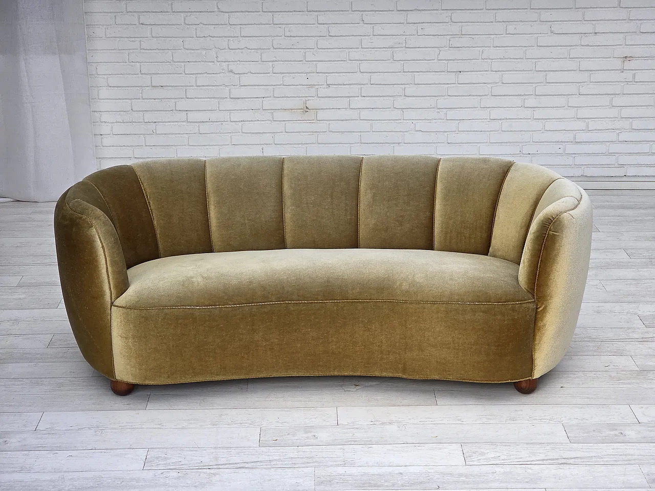 Danish 3-seater "Banan" sofa, light green furniture velour, oak, 1960s 2