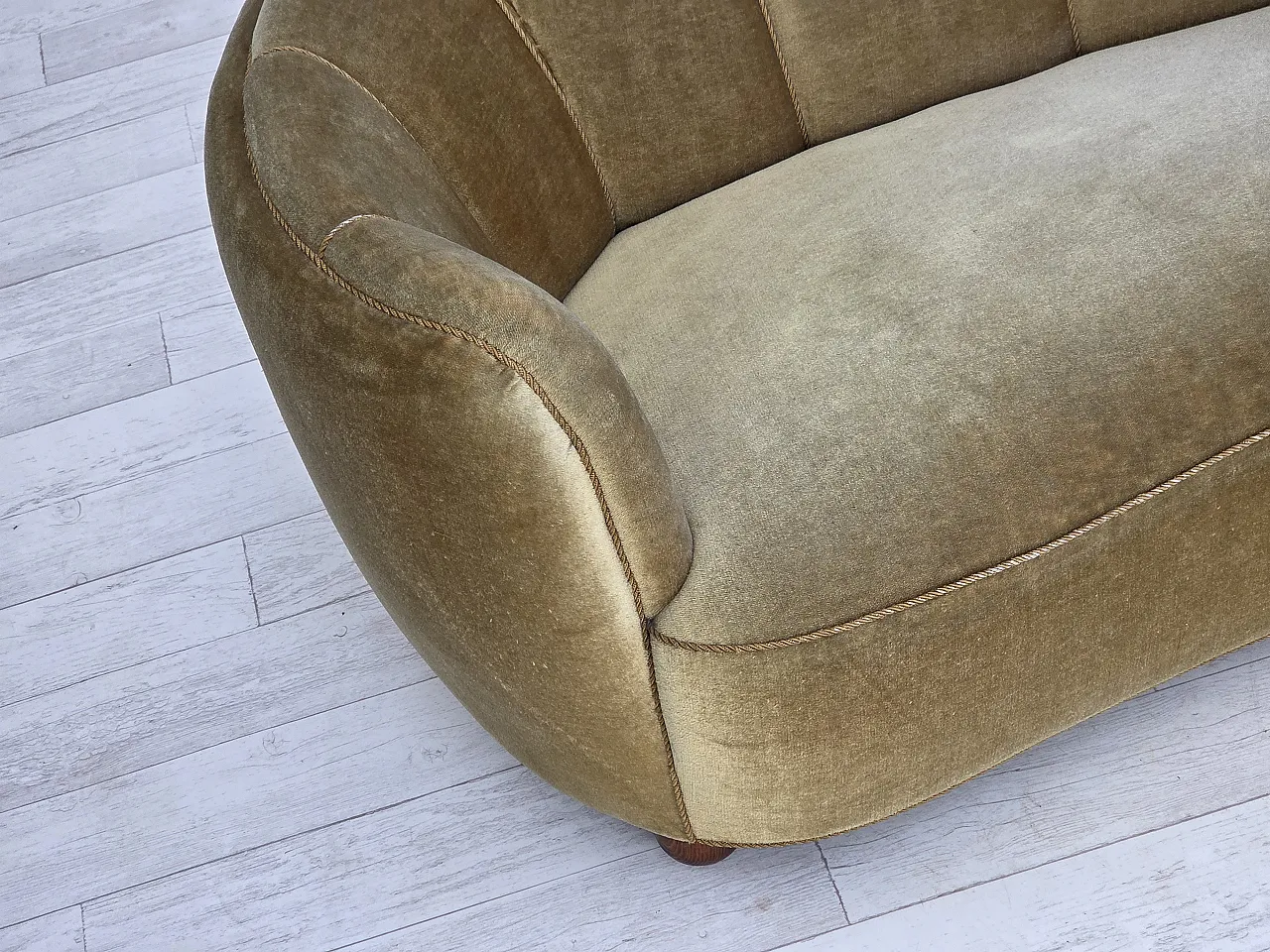 Danish 3-seater "Banan" sofa, light green furniture velour, oak, 1960s 3