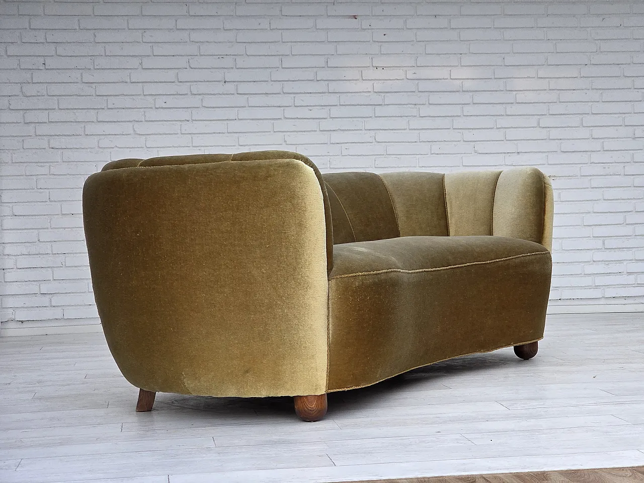 Danish 3-seater "Banan" sofa, light green furniture velour, oak, 1960s 4