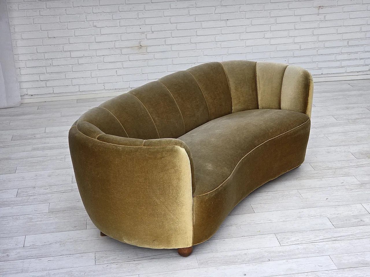 Danish 3-seater "Banan" sofa, light green furniture velour, oak, 1960s 5