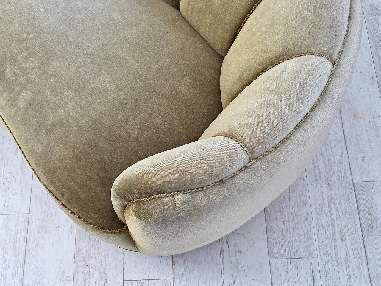 Danish 3-seater "Banan" sofa, light green furniture velour, oak, 1960s 6