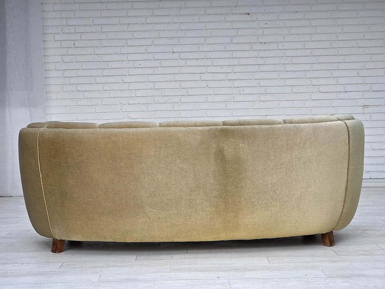 Danish 3-seater "Banan" sofa, light green furniture velour, oak, 1960s 11