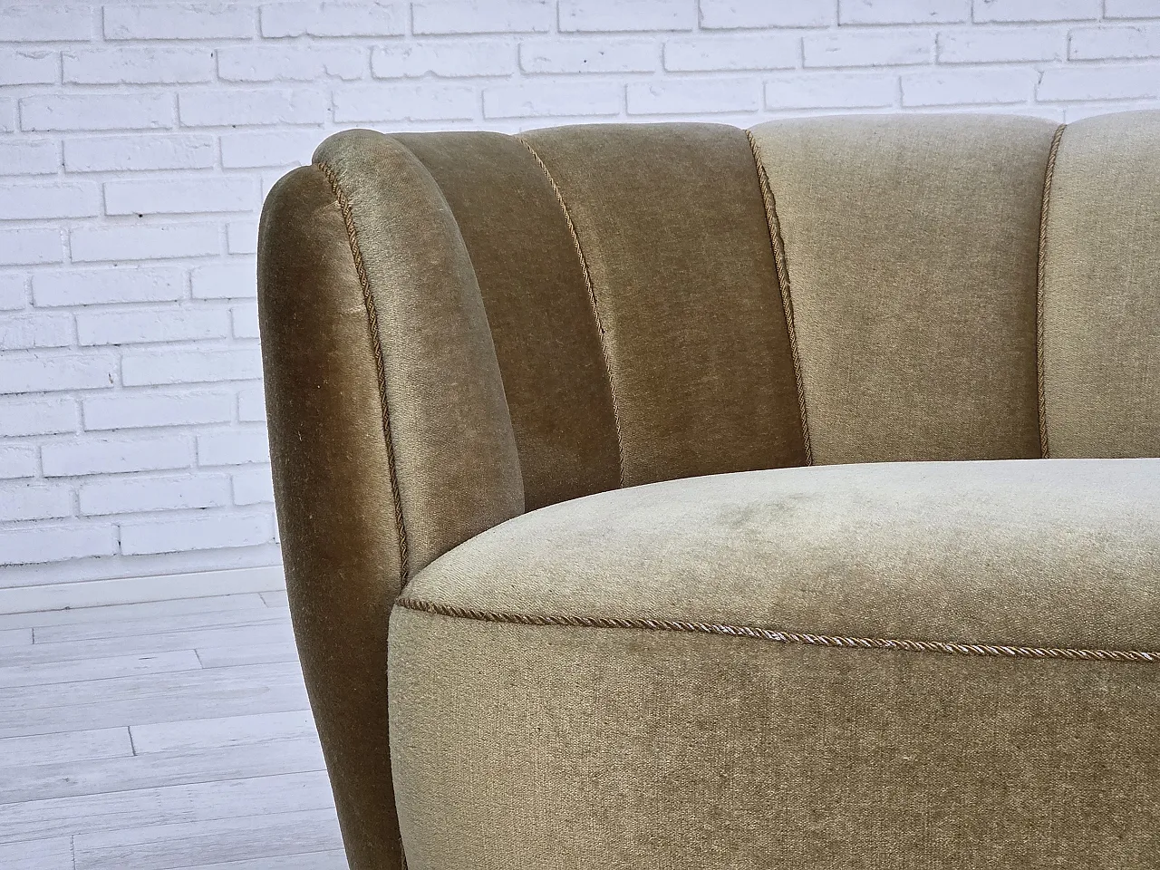 Danish 3-seater "Banan" sofa, light green furniture velour, oak, 1960s 12