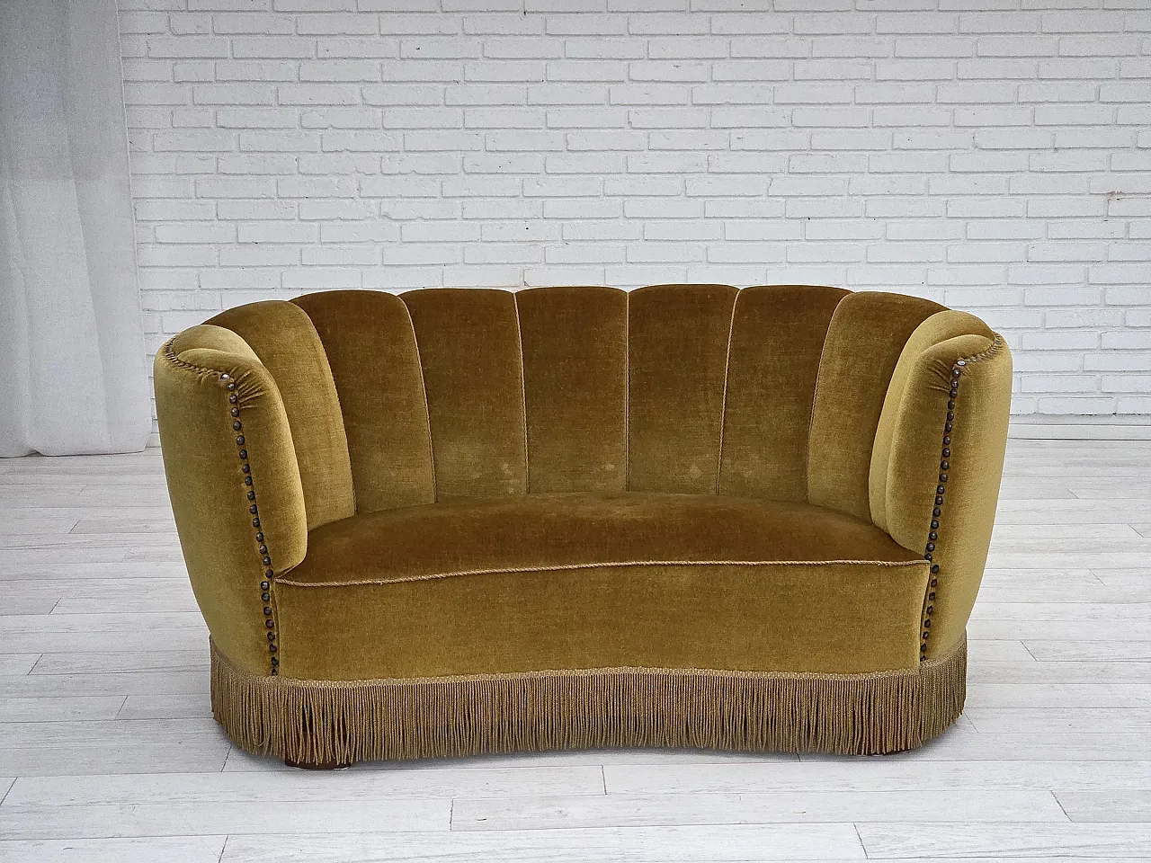 Danish 2-seater "Banan" sofa, green velour, 1960s 3