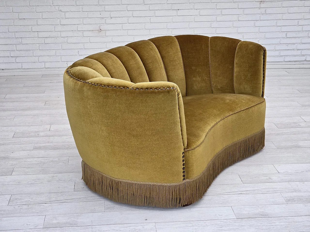 Danish 2-seater "Banan" sofa, green velour, 1960s 8