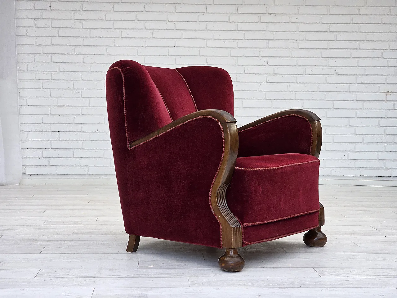 Danish relax armchair, cherry-red velour, dark beech, 1950s 1