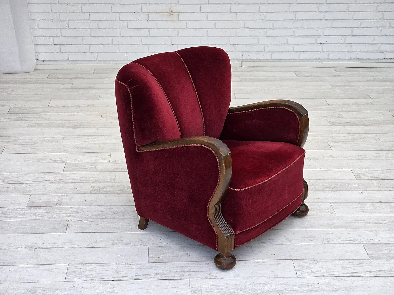 Danish relax armchair, cherry-red velour, dark beech, 1950s 2