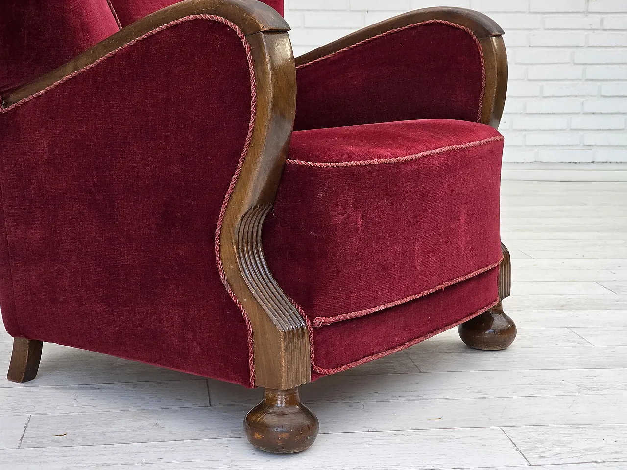 Danish relax armchair, cherry-red velour, dark beech, 1950s 3