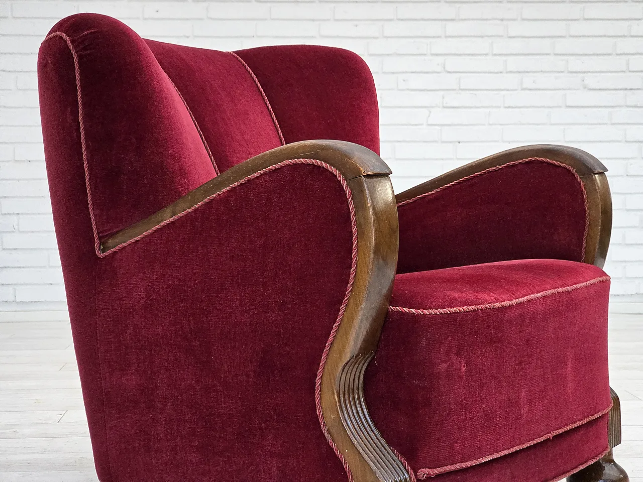 Danish relax armchair, cherry-red velour, dark beech, 1950s 4