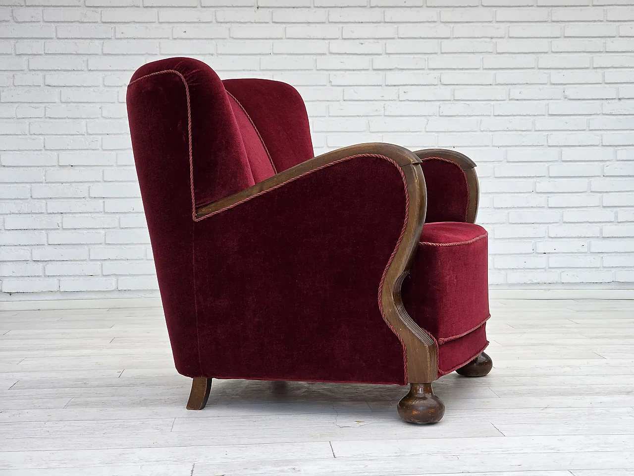 Danish relax armchair, cherry-red velour, dark beech, 1950s 5