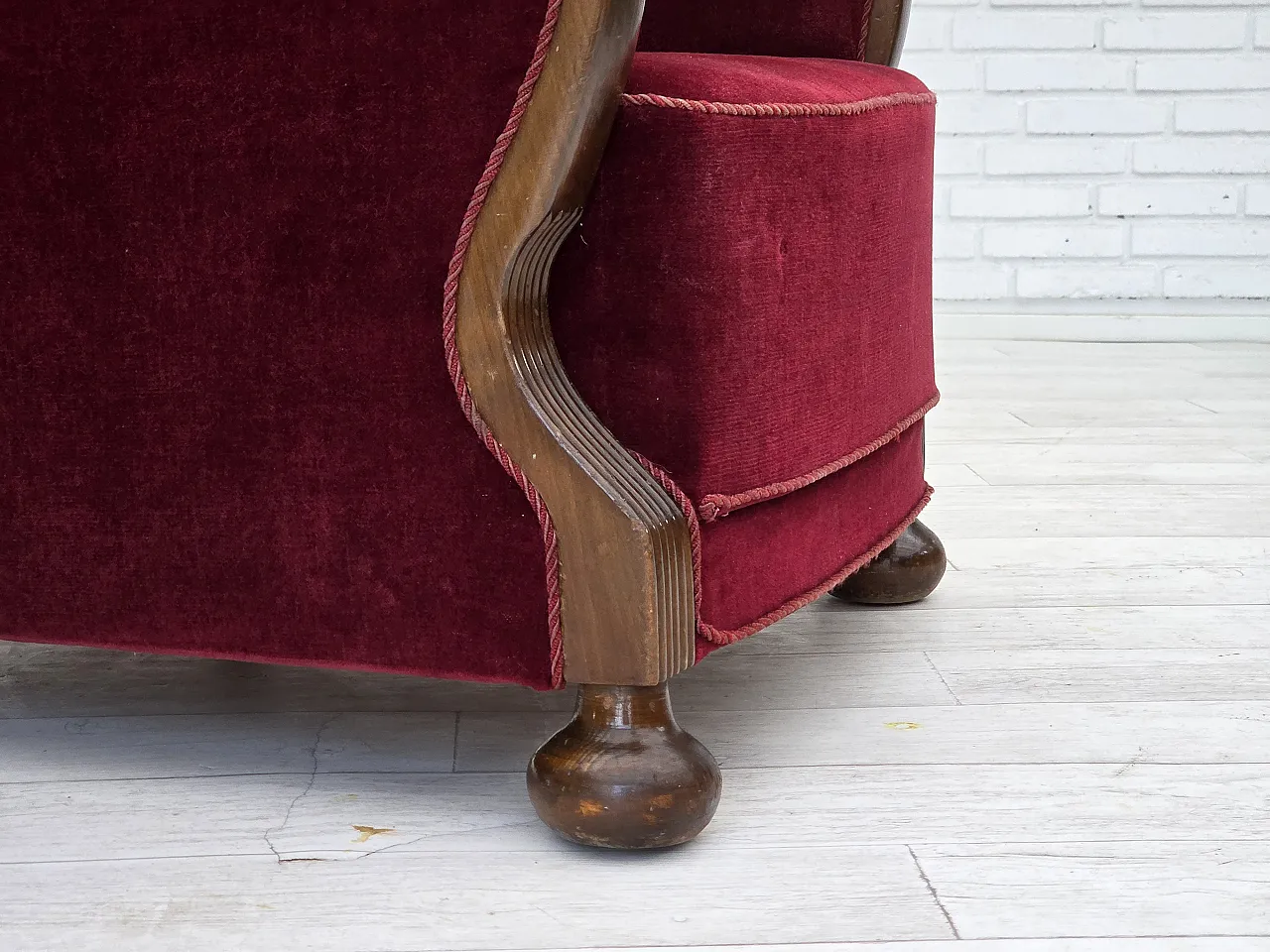 Danish relax armchair, cherry-red velour, dark beech, 1950s 6