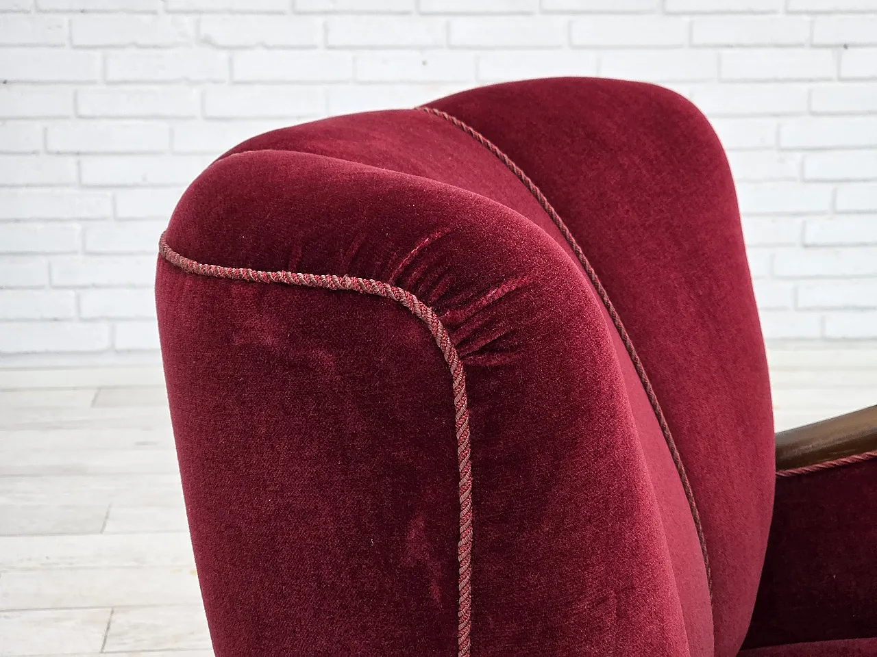 Danish relax armchair, cherry-red velour, dark beech, 1950s 7