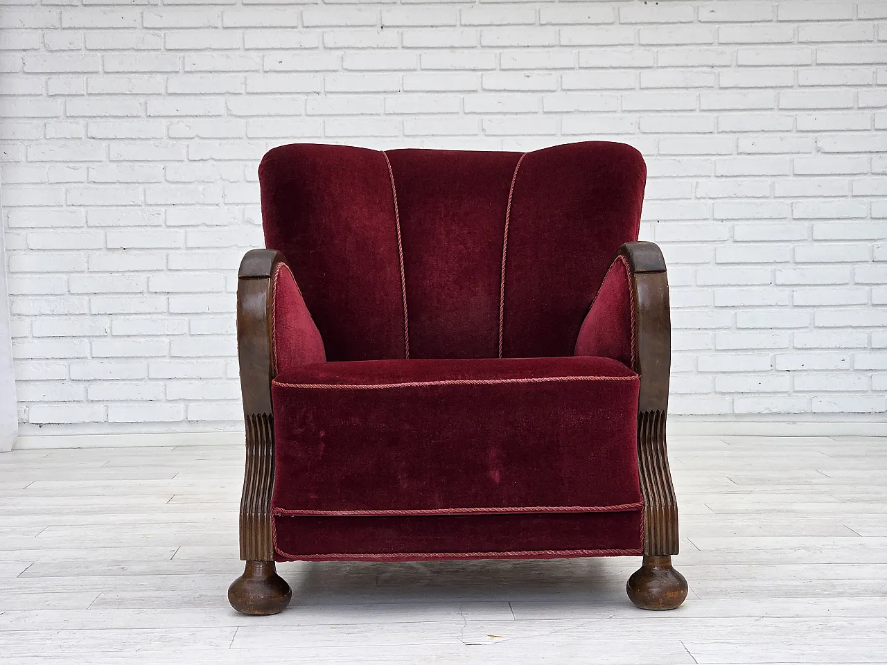 Danish relax armchair, cherry-red velour, dark beech, 1950s 9