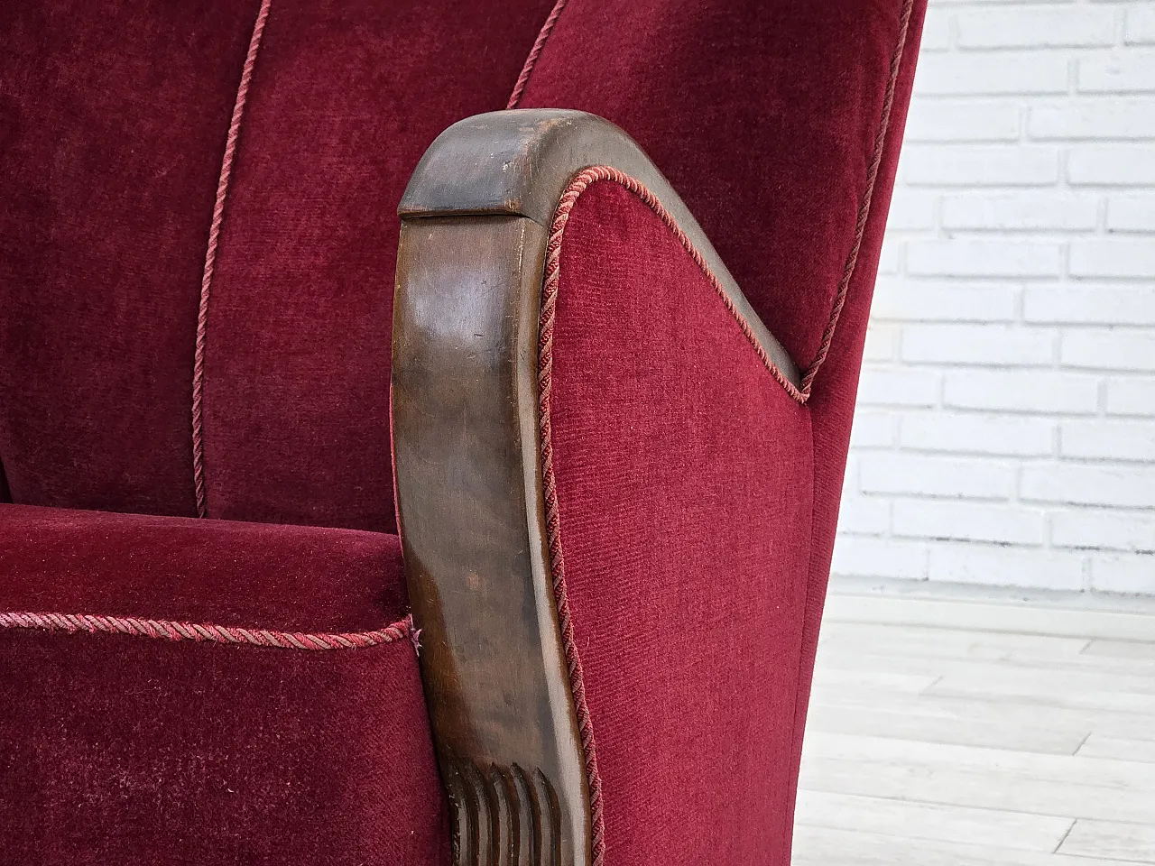 Danish relax armchair, cherry-red velour, dark beech, 1950s 10