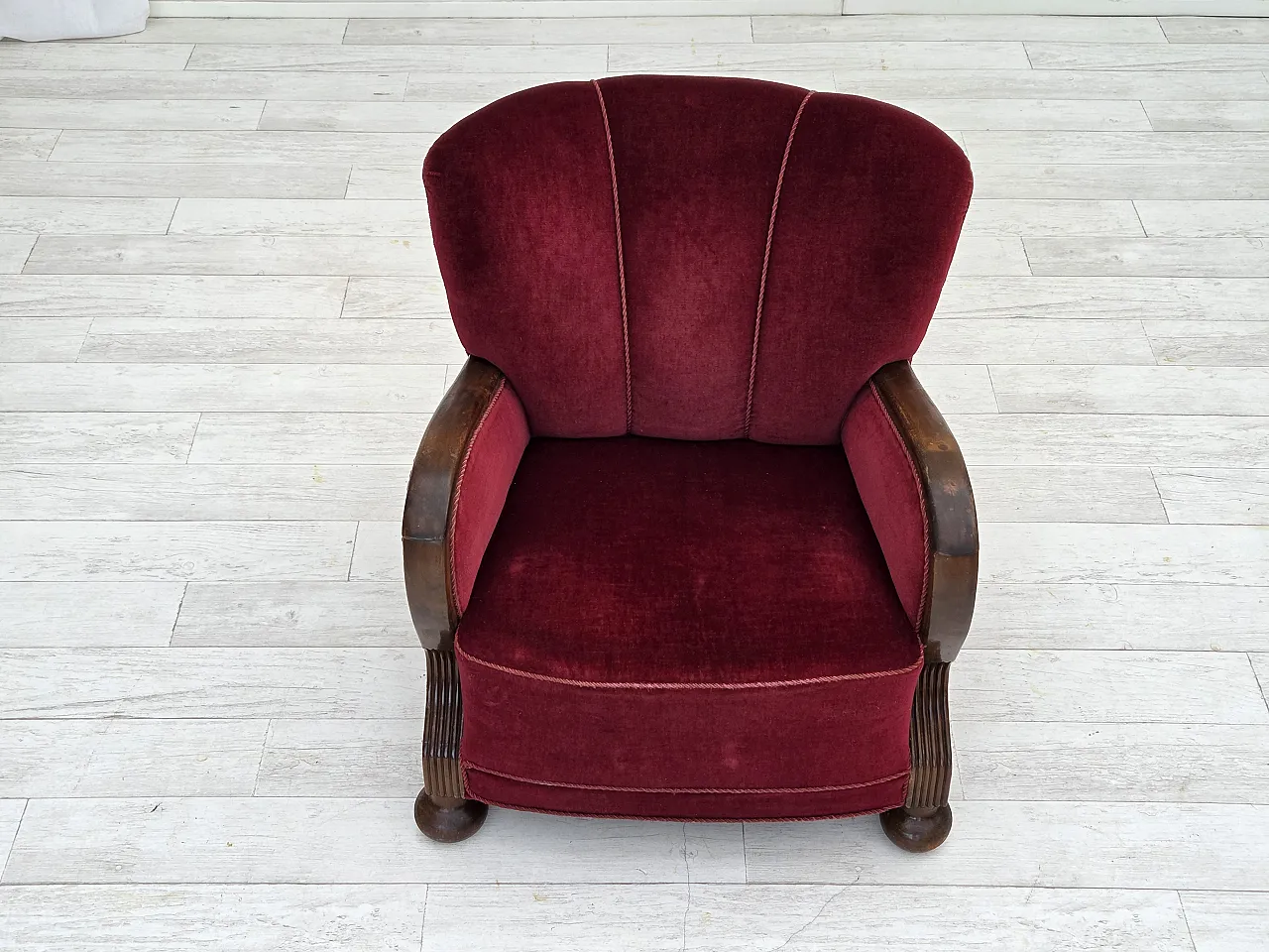 Danish relax armchair, cherry-red velour, dark beech, 1950s 11