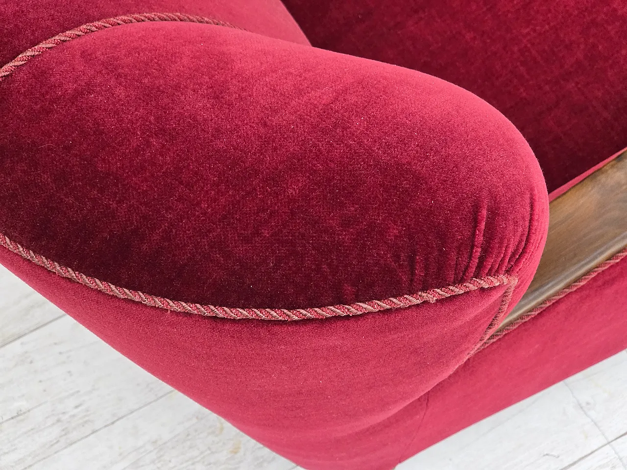 Danish relax armchair, cherry-red velour, dark beech, 1950s 12