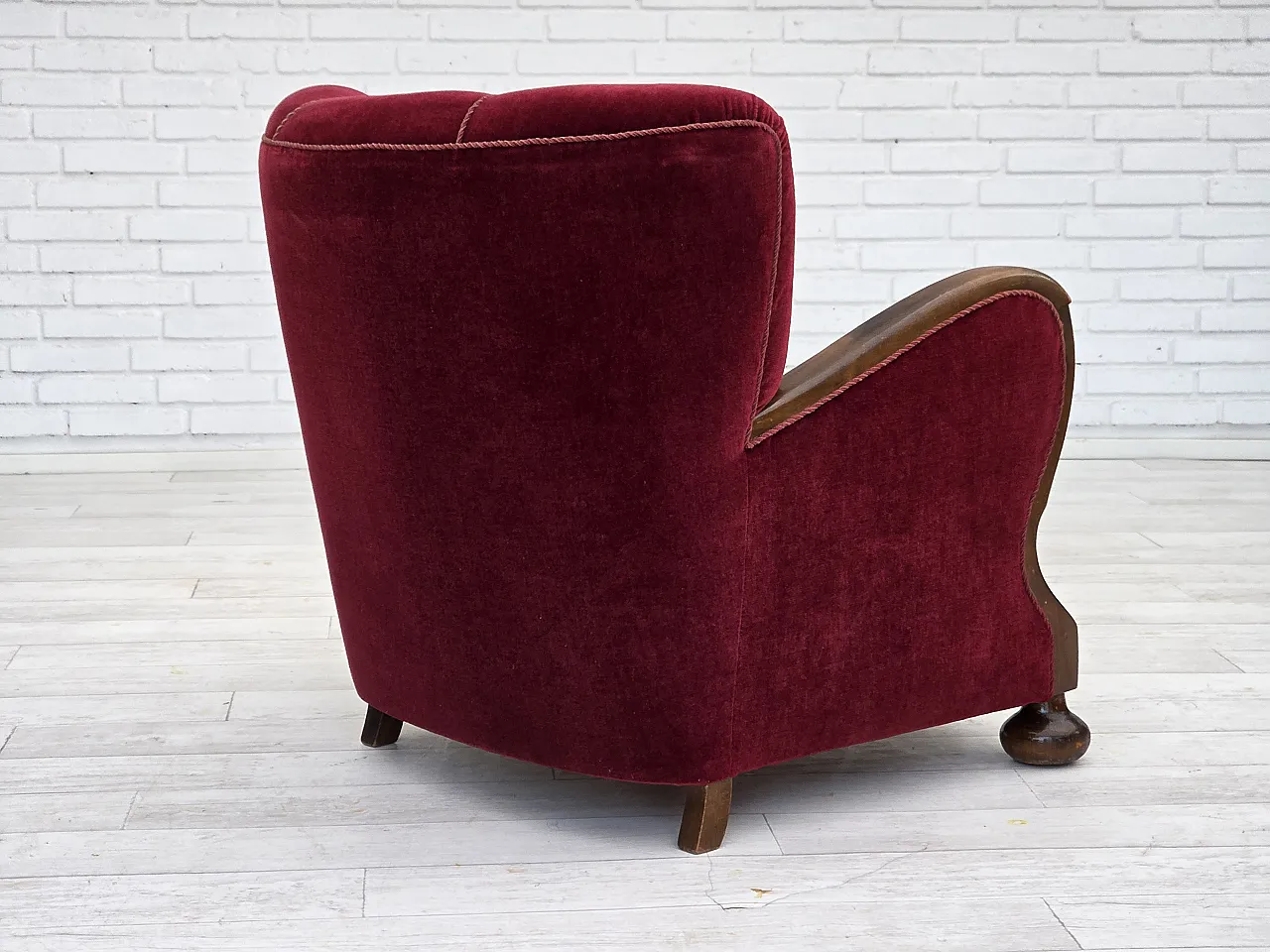 Danish relax armchair, cherry-red velour, dark beech, 1950s 13
