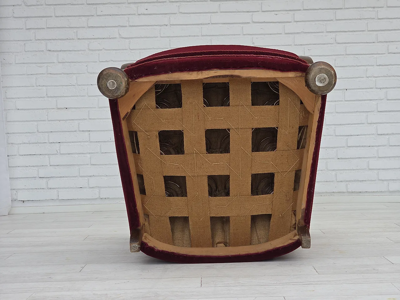 Danish relax armchair, cherry-red velour, dark beech, 1950s 14