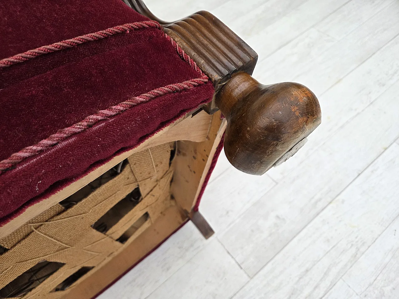 Danish relax armchair, cherry-red velour, dark beech, 1950s 15