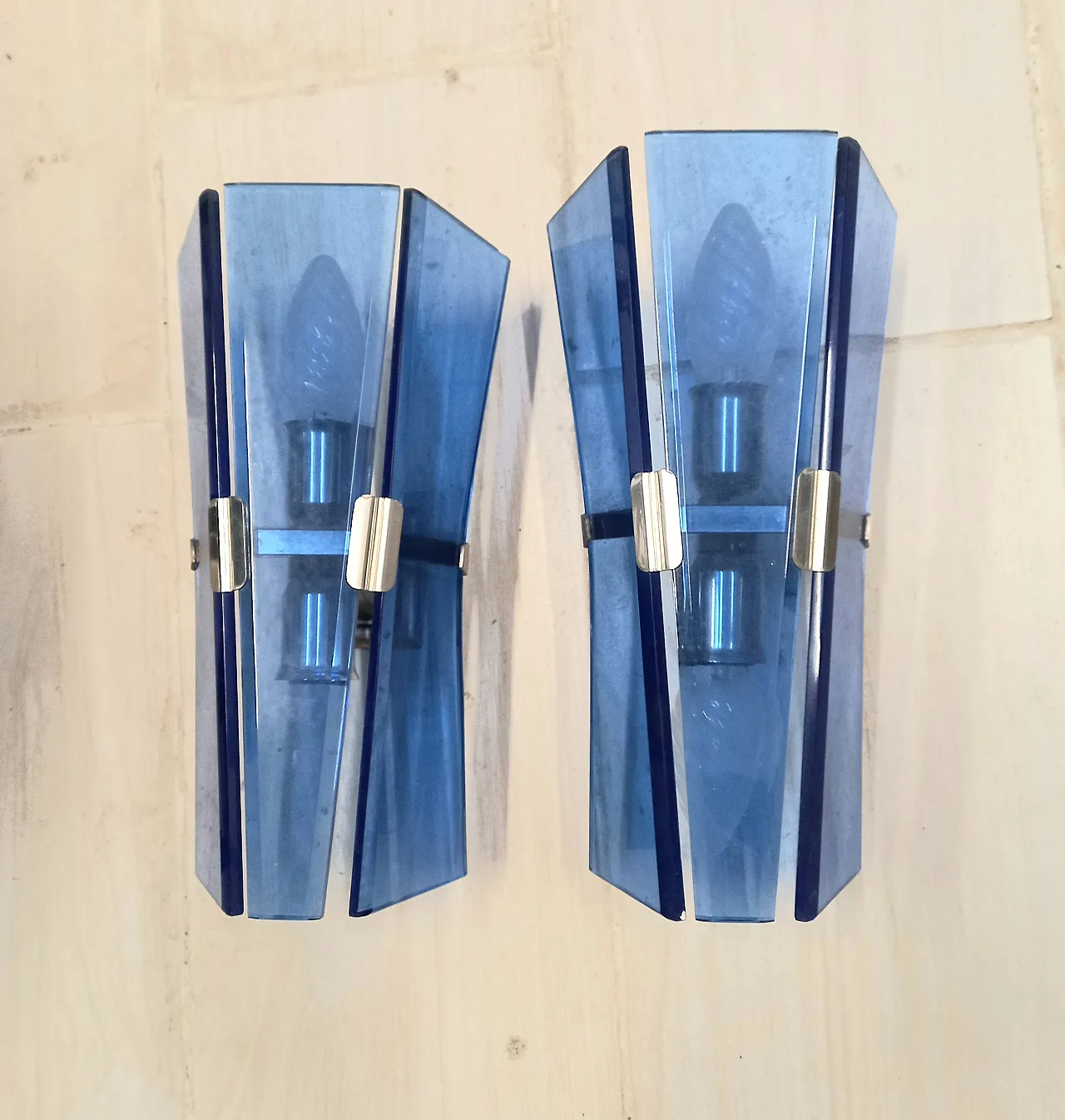 Pair of blue glass wall lamps, 70s 1