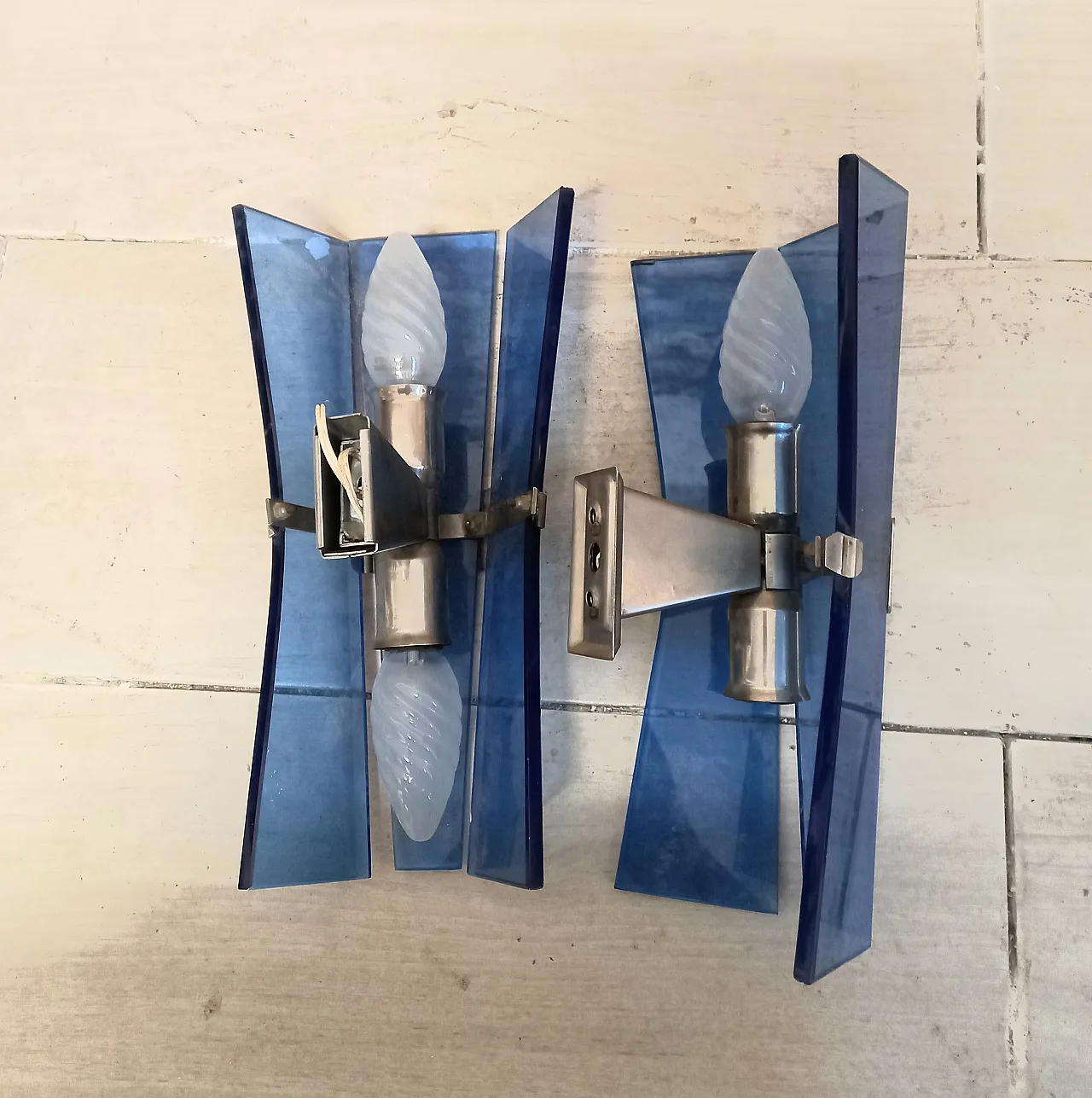 Pair of blue glass wall lamps, 70s 2