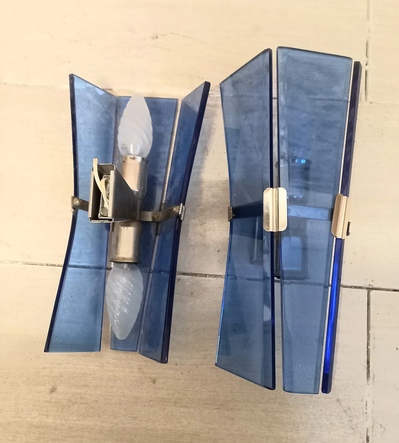 Pair of blue glass wall lamps, 70s 3