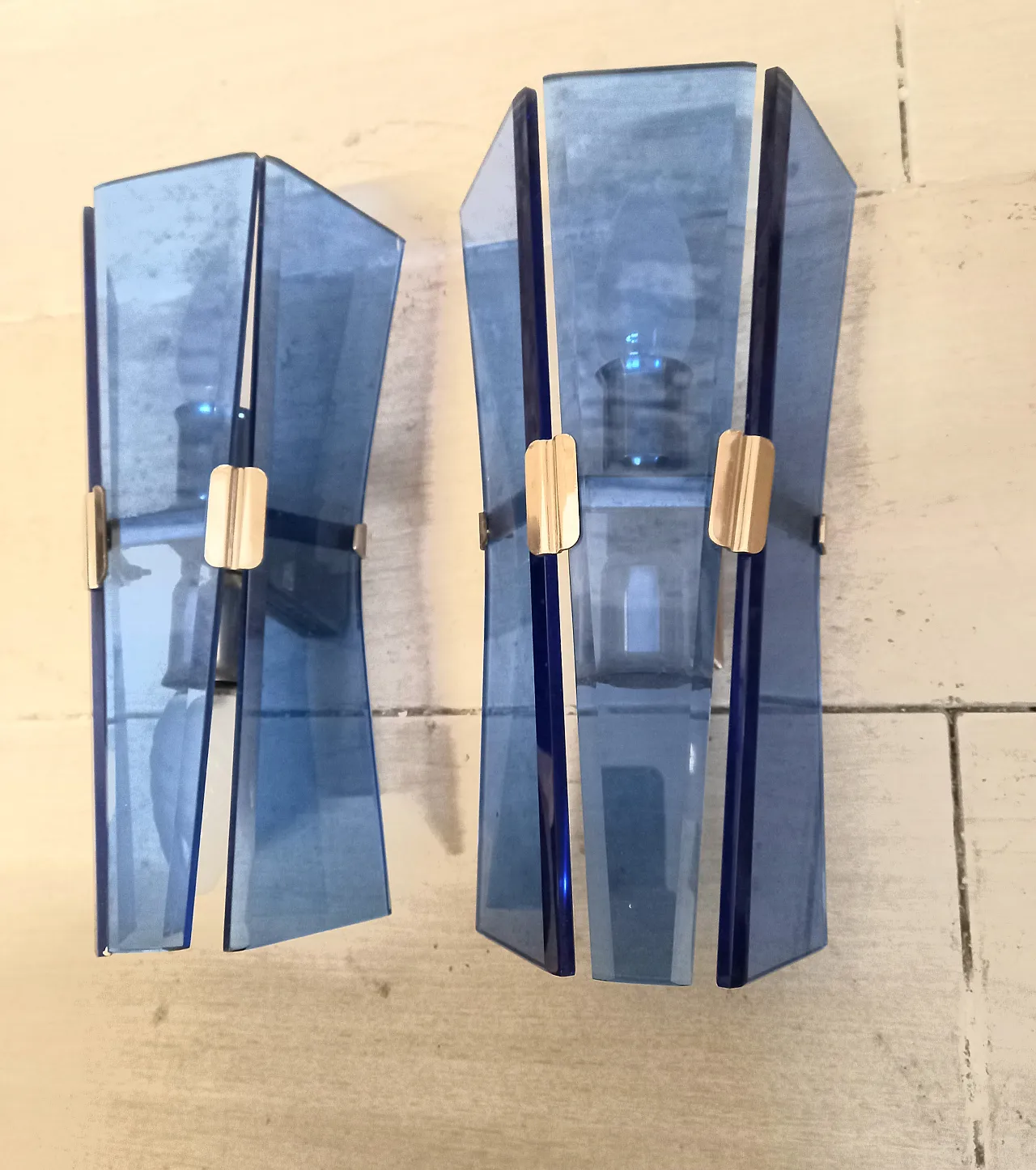 Pair of blue glass wall lamps, 70s 4