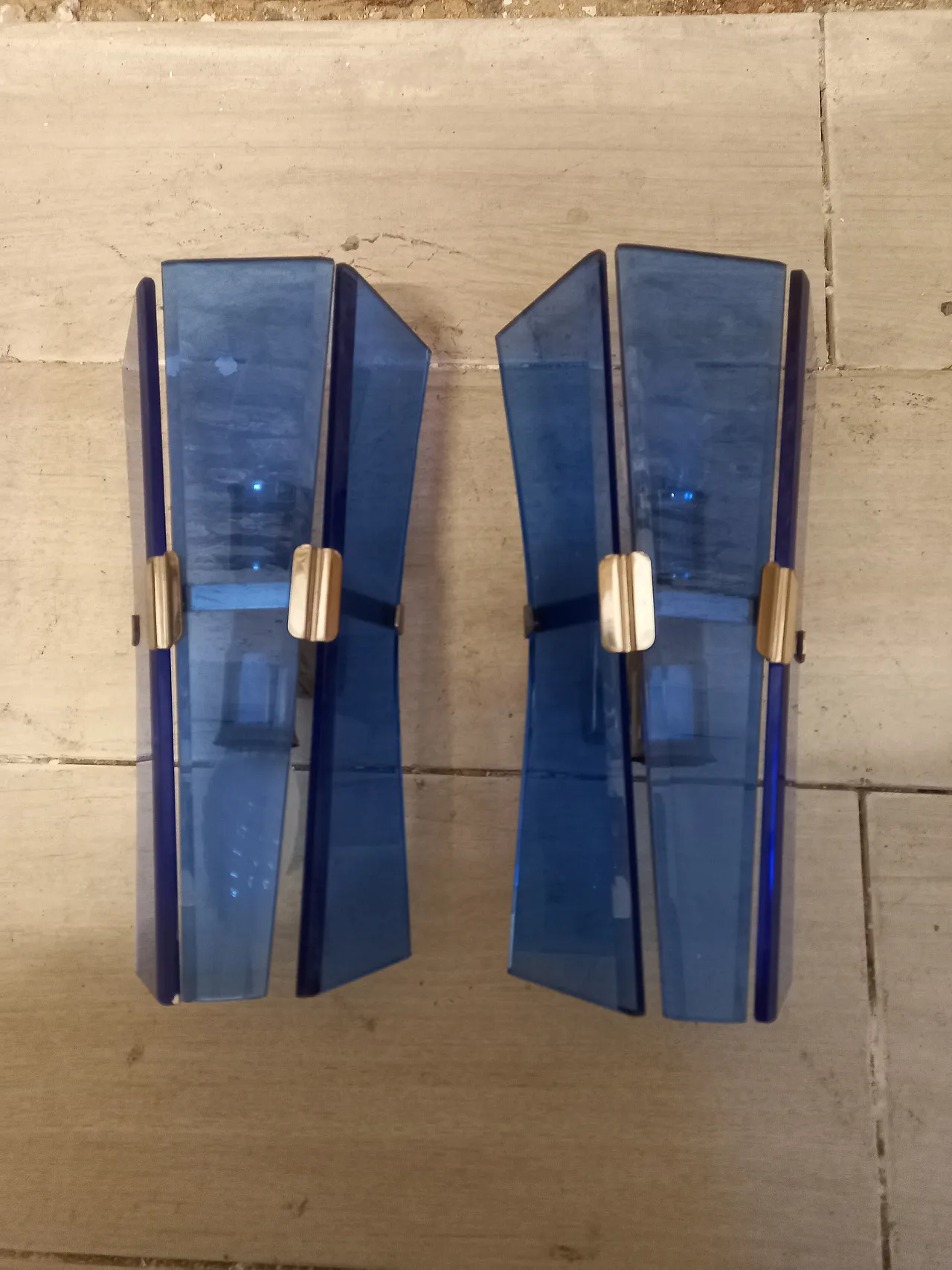 Pair of blue glass wall lamps, 70s 6