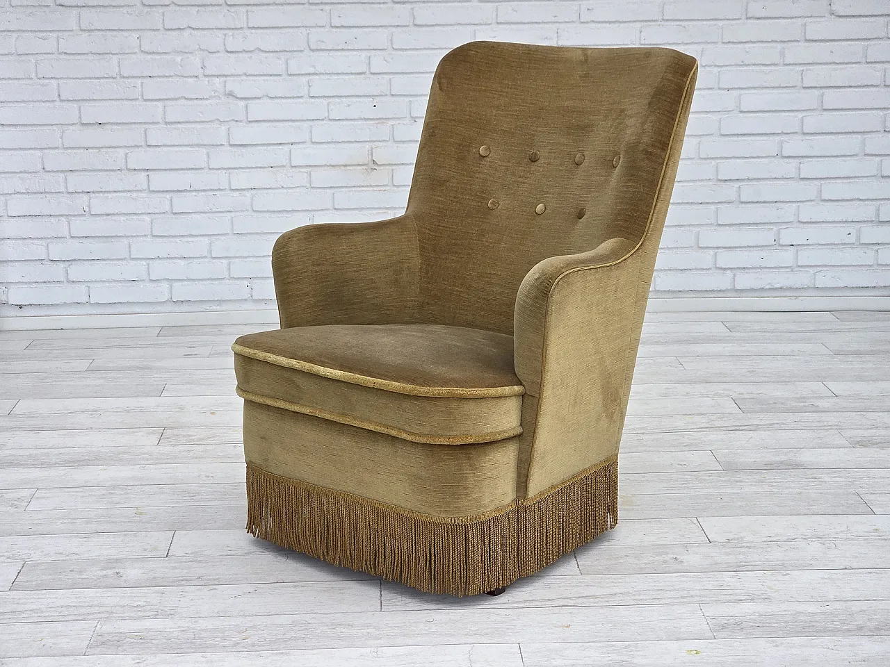 Danish armchair, light green velour, 1970s 15