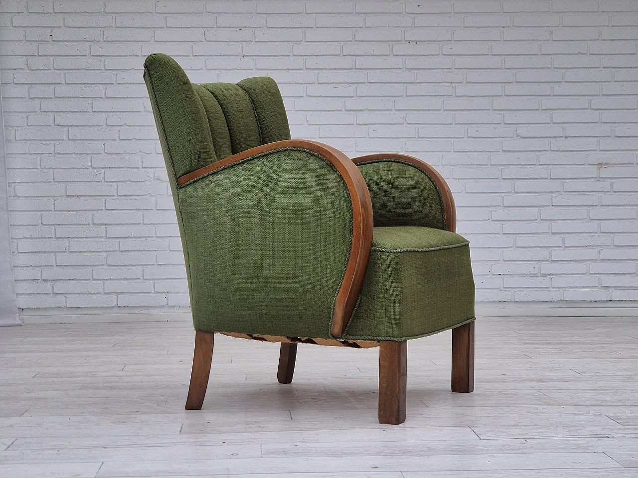 Danish artdeco armchair, green wool, beech wood, 1950s 1
