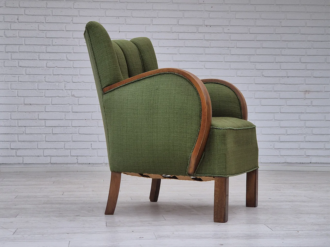 Danish artdeco armchair, green wool, beech wood, 1950s 2