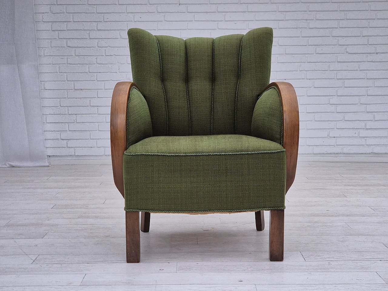 Danish artdeco armchair, green wool, beech wood, 1950s 4
