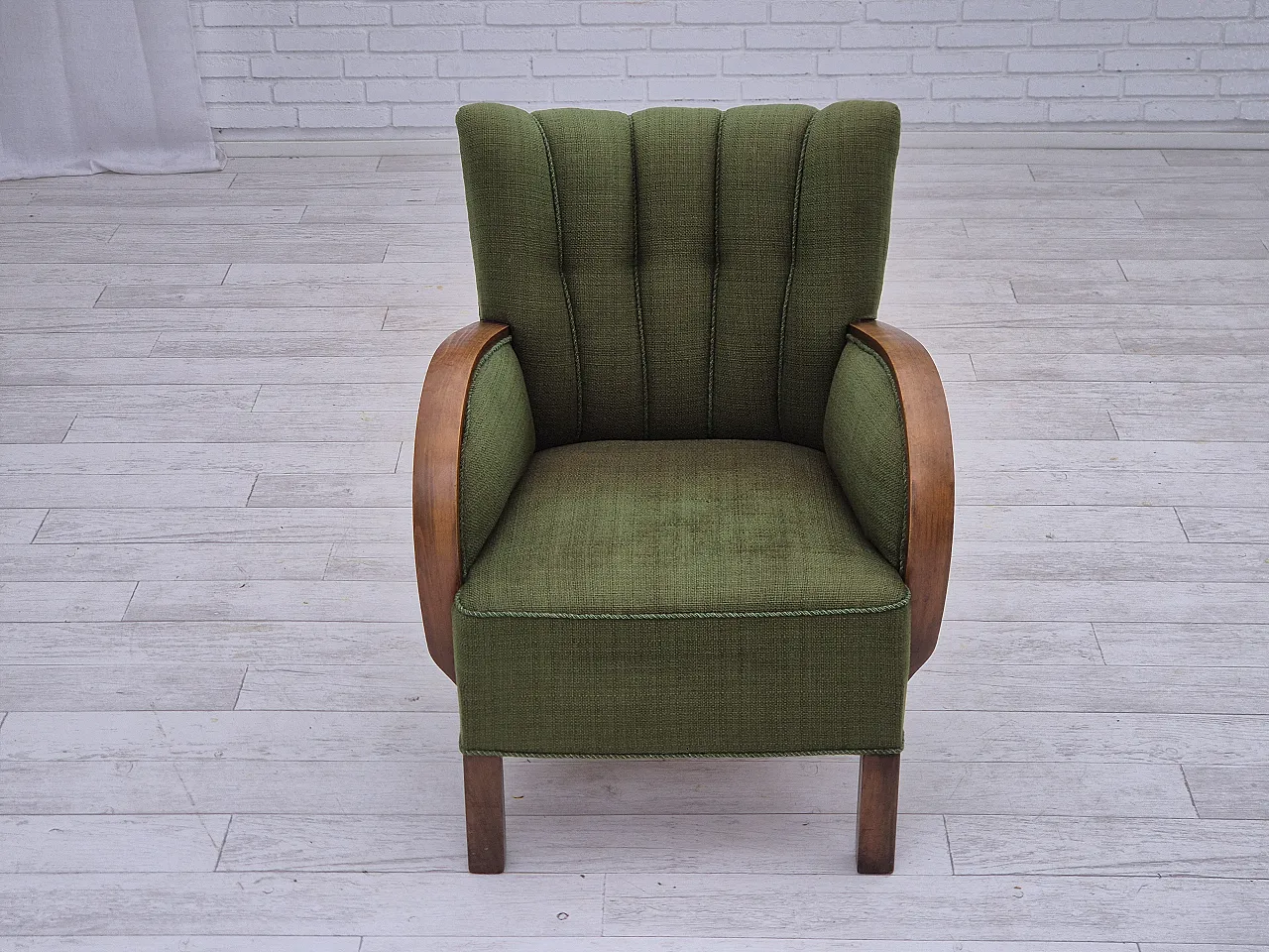 Danish artdeco armchair, green wool, beech wood, 1950s 5