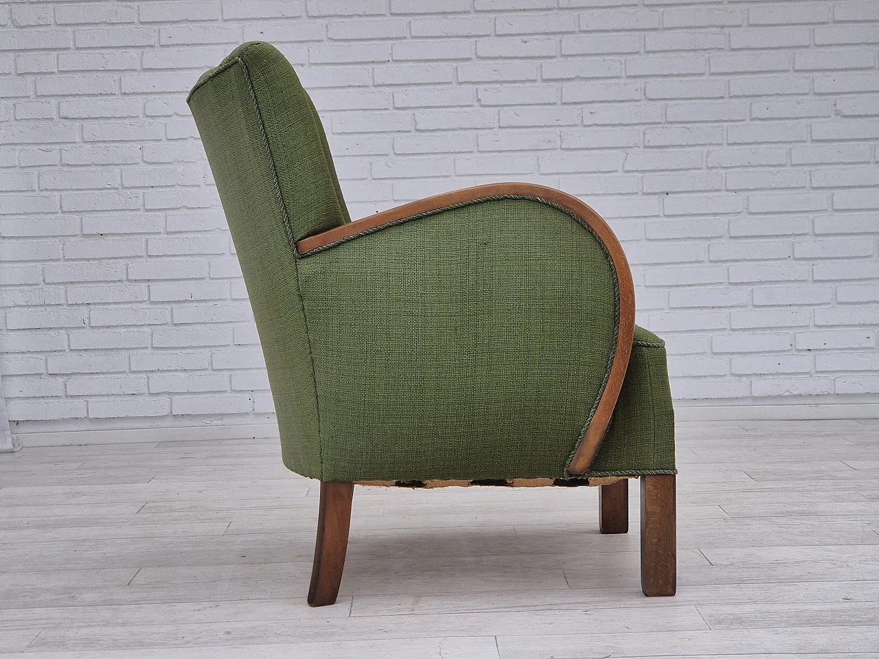 Danish artdeco armchair, green wool, beech wood, 1950s 6