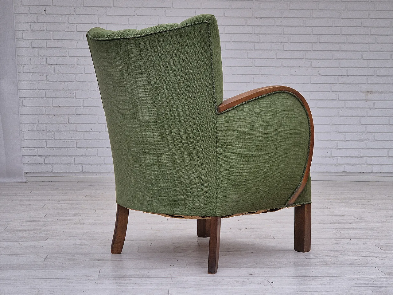Danish artdeco armchair, green wool, beech wood, 1950s 9