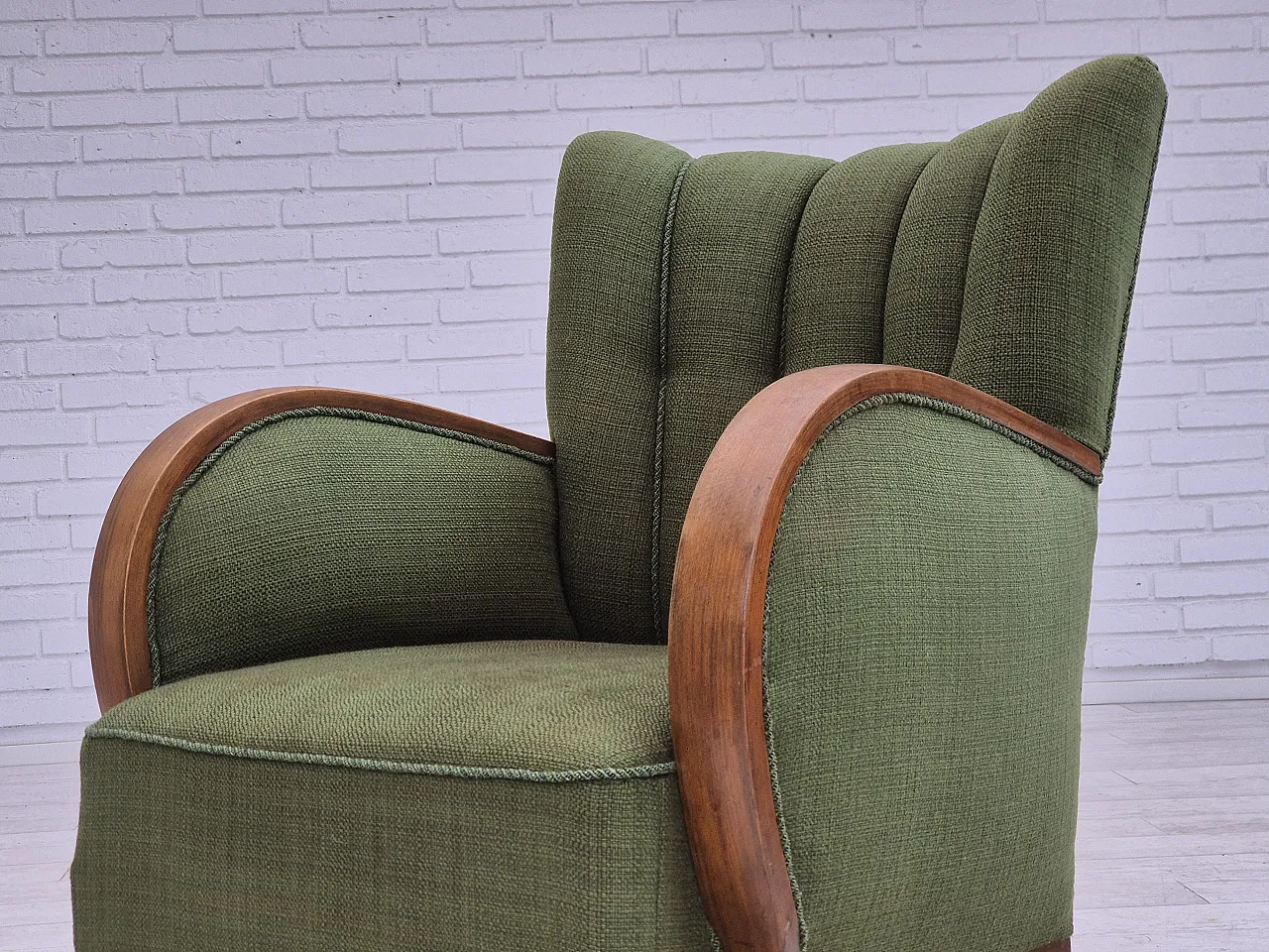 Danish artdeco armchair, green wool, beech wood, 1950s 11