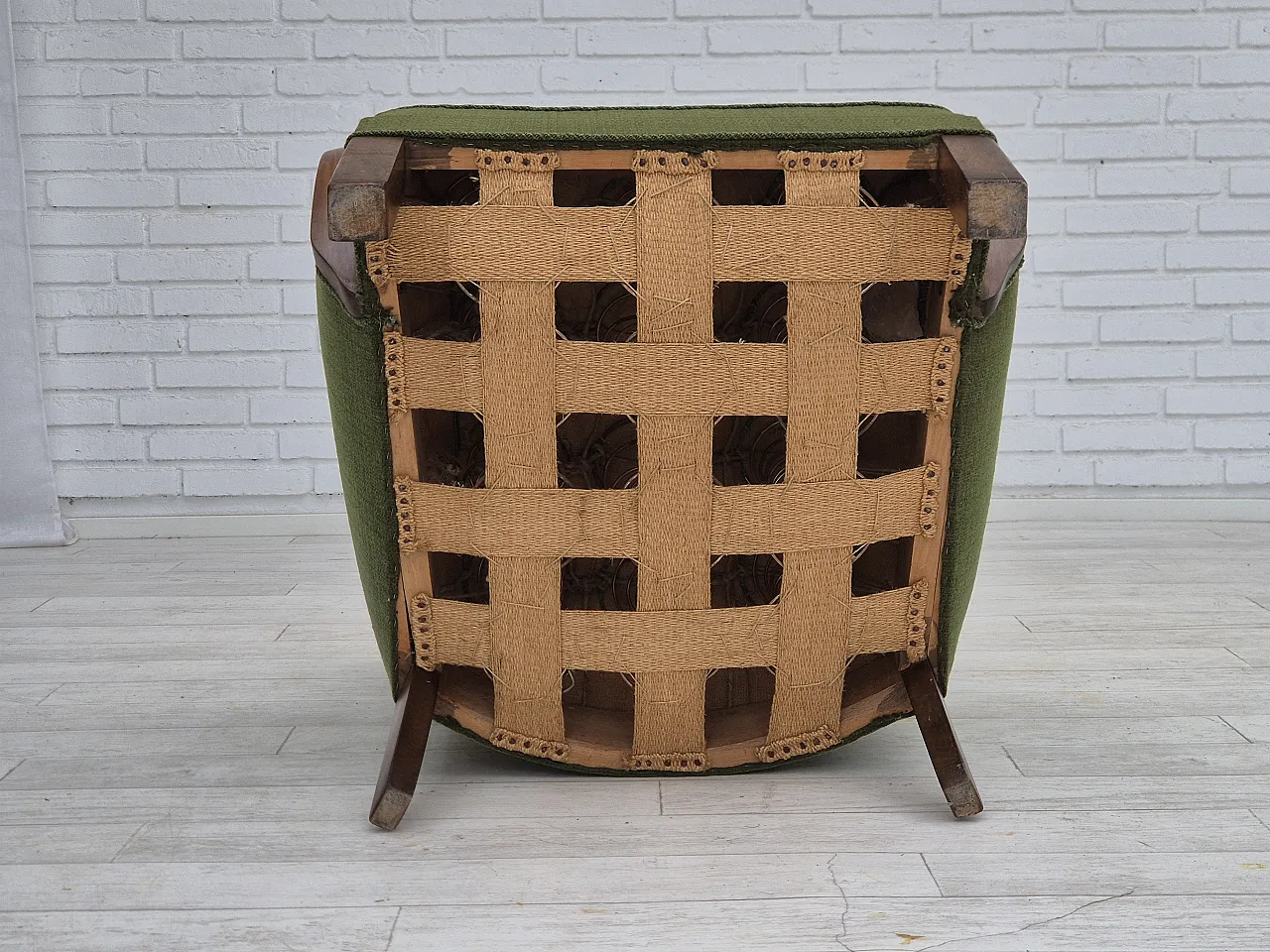 Danish artdeco armchair, green wool, beech wood, 1950s 12