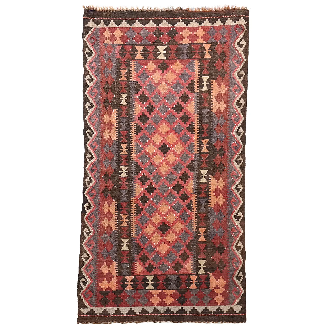 Tappeto Kilim rosso e marrone a nodo fine in lana 1
