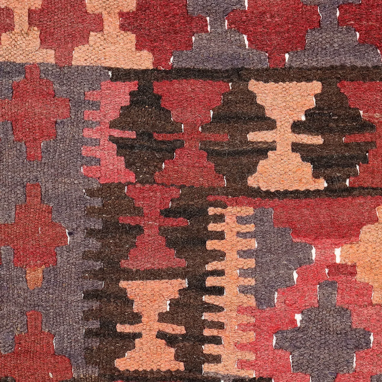 Tappeto Kilim rosso e marrone a nodo fine in lana 4