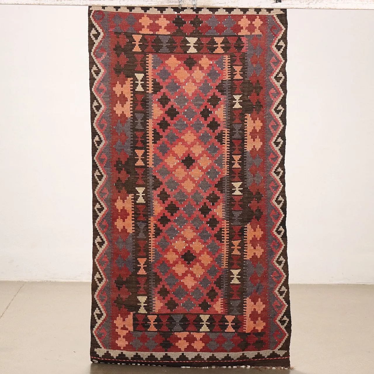 Tappeto Kilim rosso e marrone a nodo fine in lana 6