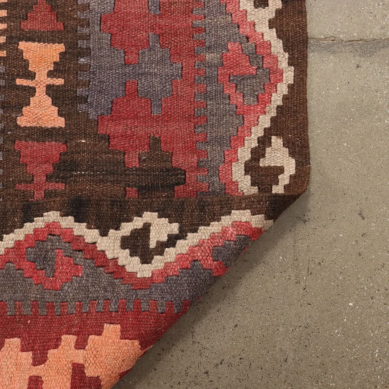 Tappeto Kilim rosso e marrone a nodo fine in lana 7